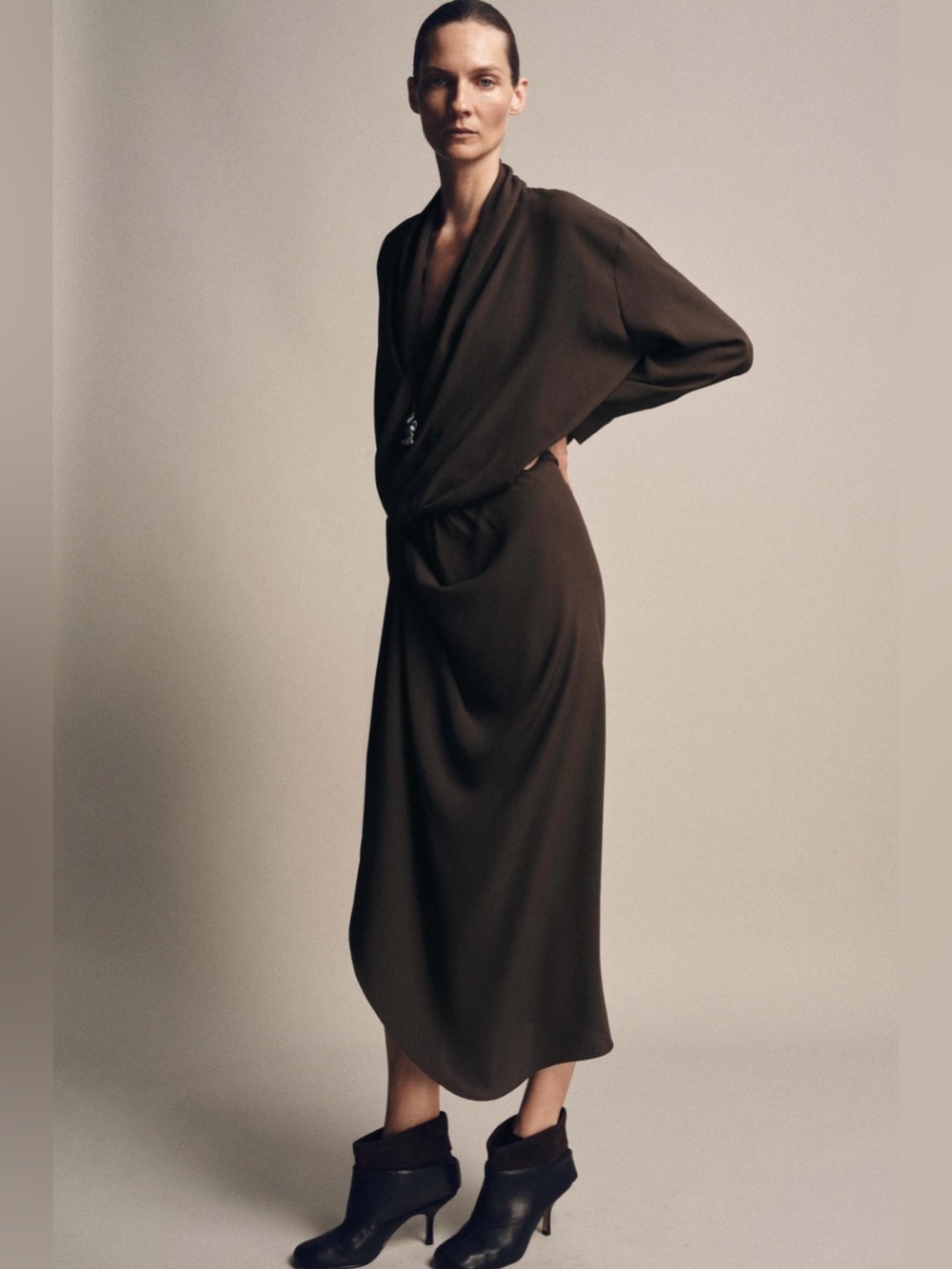 Zara Long Gathered Dress Pleated Draped Neckline Dark Brown Long Sleeves Large